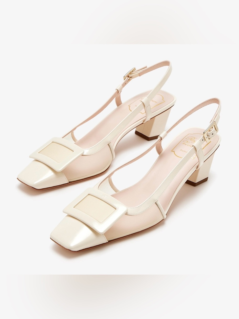Roger Vivier Ivory Slingback Block Heel Pumps with Statement Buckle